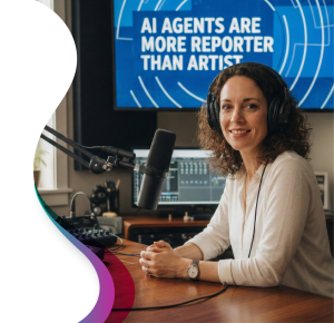 A woman wearing headphones sits at a podcast microphone in a studio, representing AI agents acting as reporters rather than creative artists.