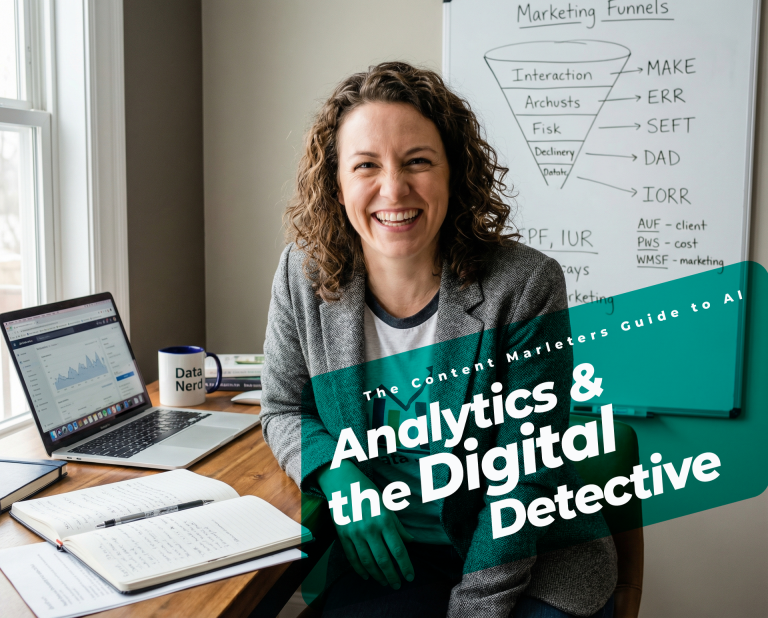 Smiling marketer sitting at a desk with a laptop and notebook, with a whiteboard showing a marketing funnel behind her.