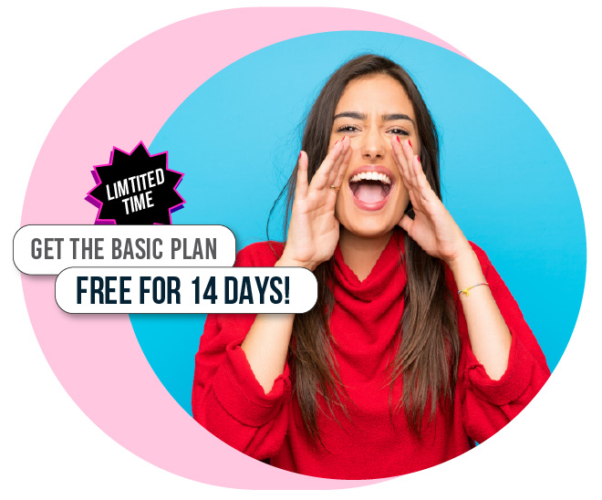 Woman in red sweater shouting with hands near mouth beside text offering basic plan free for 14 days