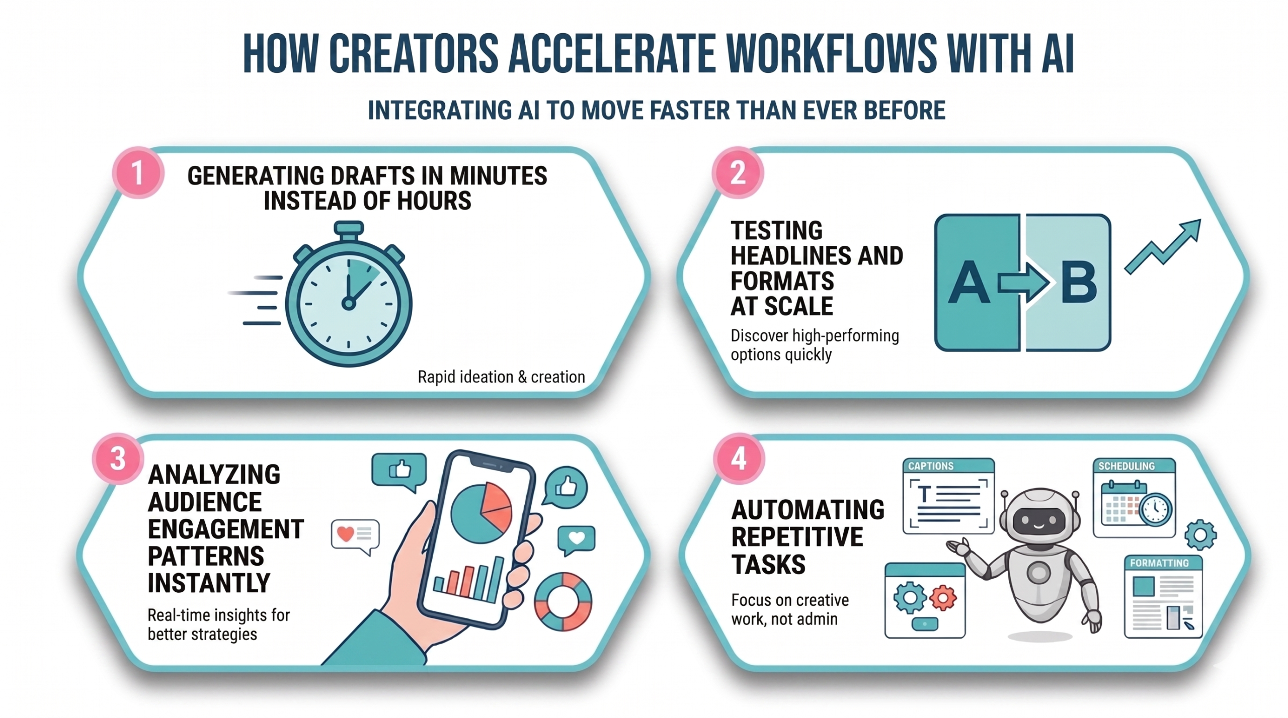 How Creators Use AI to Accelerate Workflows Infographic titled "How Creators Accelerate Workflows with AI" featuring four key points: rapid drafting, testing headlines at scale, analyzing engagement patterns, and automating repetitive tasks.