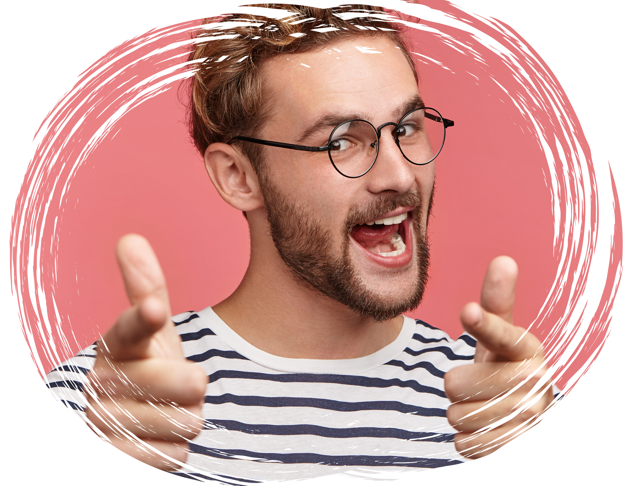 Empowering the Next Generation of AI-Powered Creators A high-energy, smiling young man with glasses pointing toward the camera, framed within a stylistic circular black brush-stroke border on a pink background.