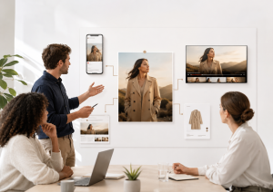 Marketing team reviewing connected content adaptations across social media, video and e-commerce channels