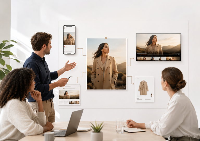 Marketing team reviewing connected content adaptations across social media, video and e-commerce channels