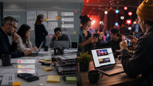 Corporate marketing team stuck in approvals while a faster competitor posts timely content during a live cultural moment.