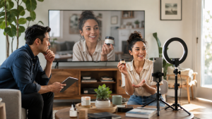 Content creator filming a product video while a marketer observes and the video plays on a connected TV