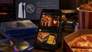 Smartphone showing fast-food meme posts beside physical game discs, pizza, fried chicken, and a gaming controller after PlayStation disc backlash.