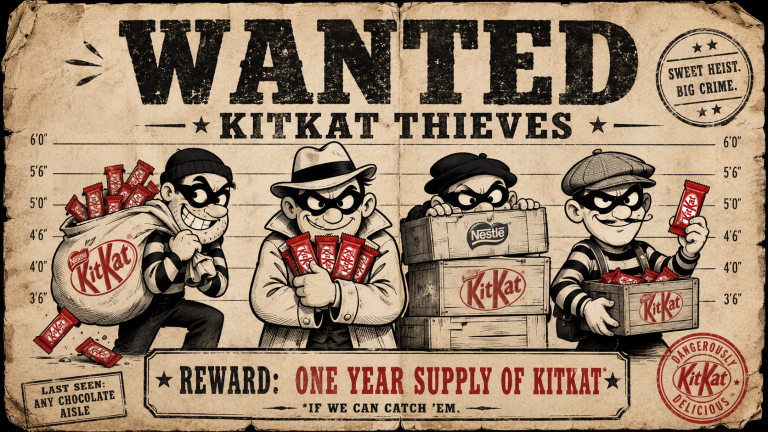 Cartoon wanted poster showing masked KitKat thieves carrying stolen chocolate bars and branded boxes