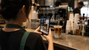 Barista filming an iced coffee on a smartphone in a coffee shop, representing Starbucks employee-generated content and TikTok creator marketing.